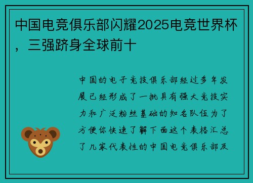 中国电竞俱乐部闪耀2025电竞世界杯，三强跻身全球前十